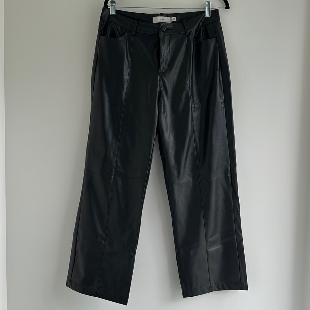 ICHI | Black Faux Leather Pants Wider Leg Straight - Picture 2 of 6